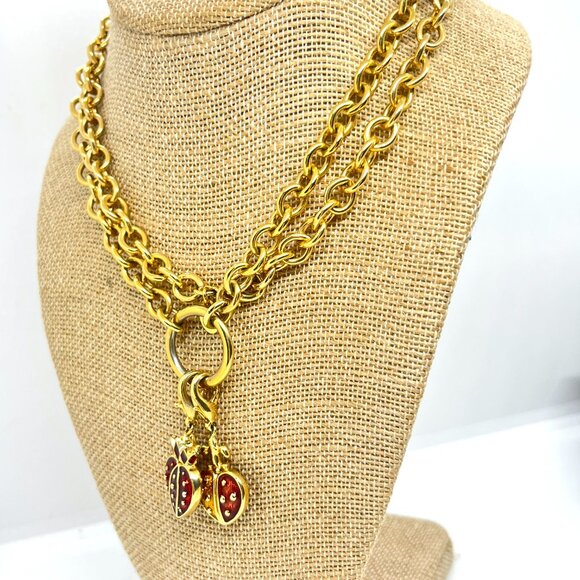 VINTAGE ERWIN PEARL HEART CHARM NECKLACE GOLD TONE ENAMEL RED YELLOW DOUBLE LINK - Picture 4 of 15
